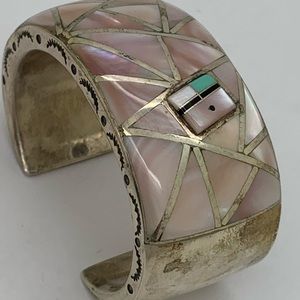 Native American 925 Mother Of Pearl Bangle Signed LM Cray